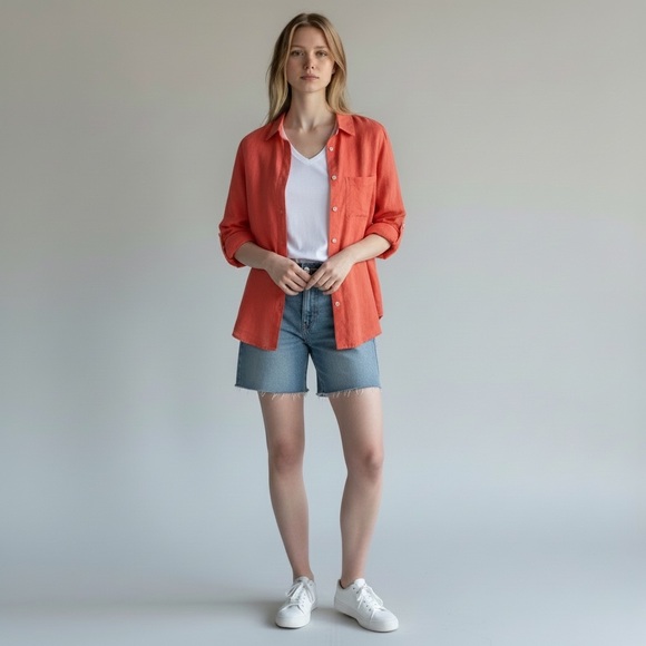 Tahari Tops - Tahari 100% Linen Coral Button Up Women’s M Shirt w/Rolled Sleeve